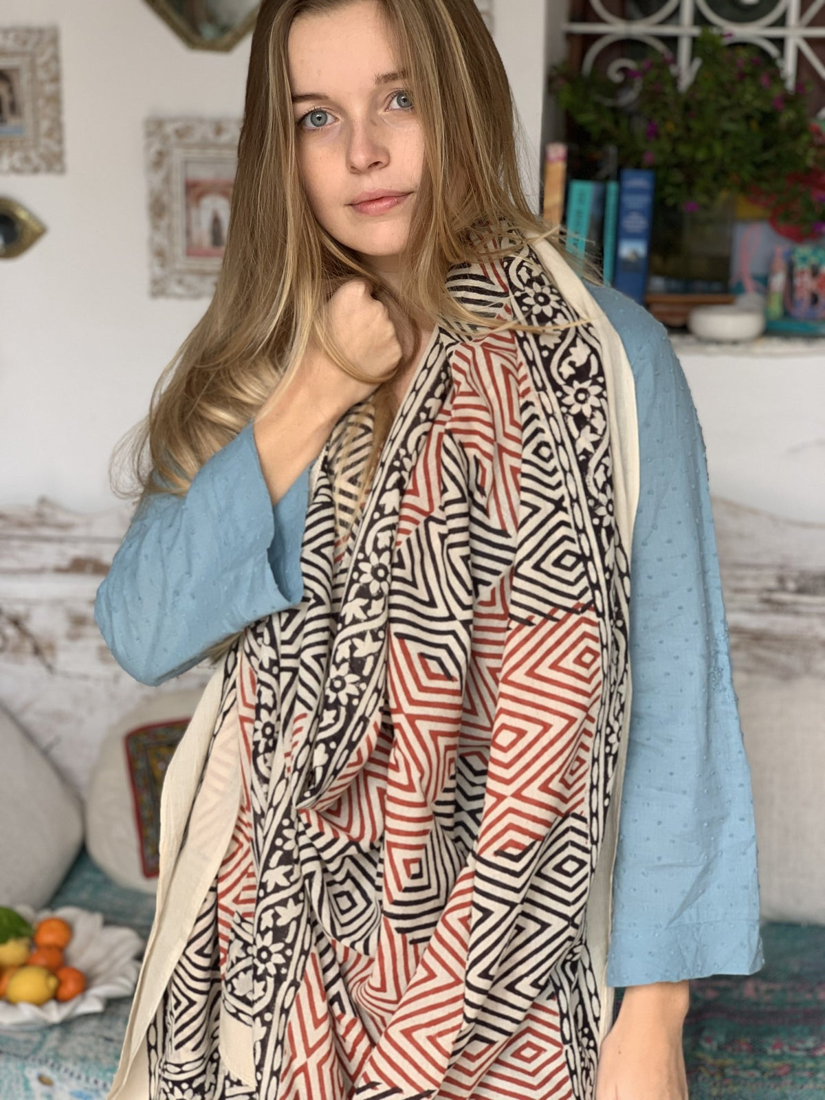 Sarong pareo in hand block print cotton– Anandaibiza